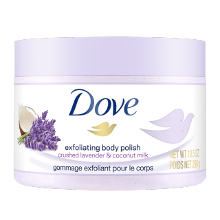 tẩy da chết dove Crushed Lavender & Coconut Milk: sữa dừa và lavender.
