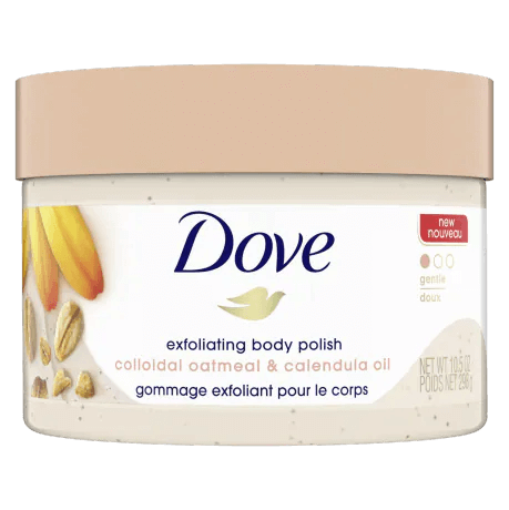 tẩy da chết dove Scrub Oatmeal & Calendula Oil: bột yến mạch và dầu hoa cúc.