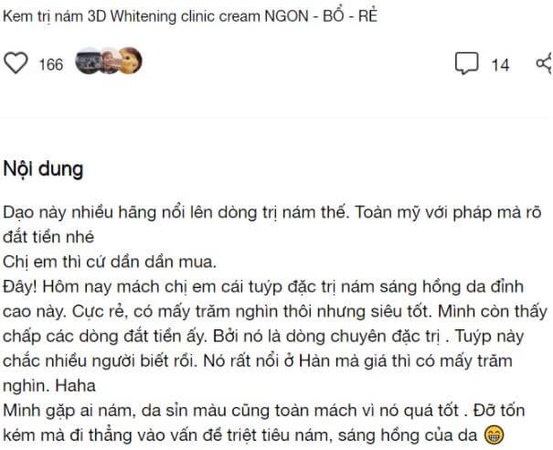 Review kem trị nám 3D Whitening Clinic Cream Webtretho